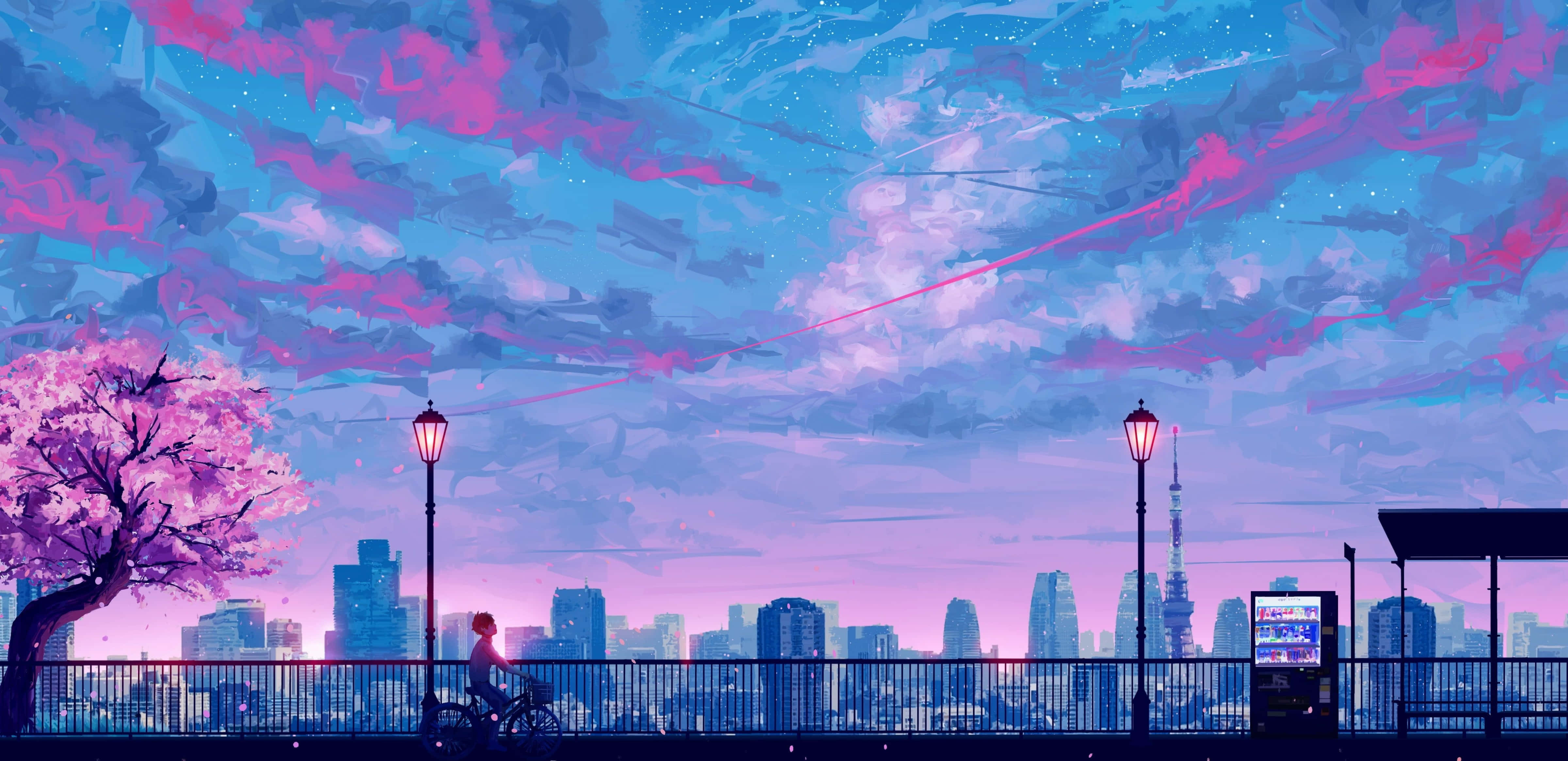pink and blue aesthetic, cherry blossom tree, vibrant pink and blue twilight sky, 4K Desktop Wallpaper