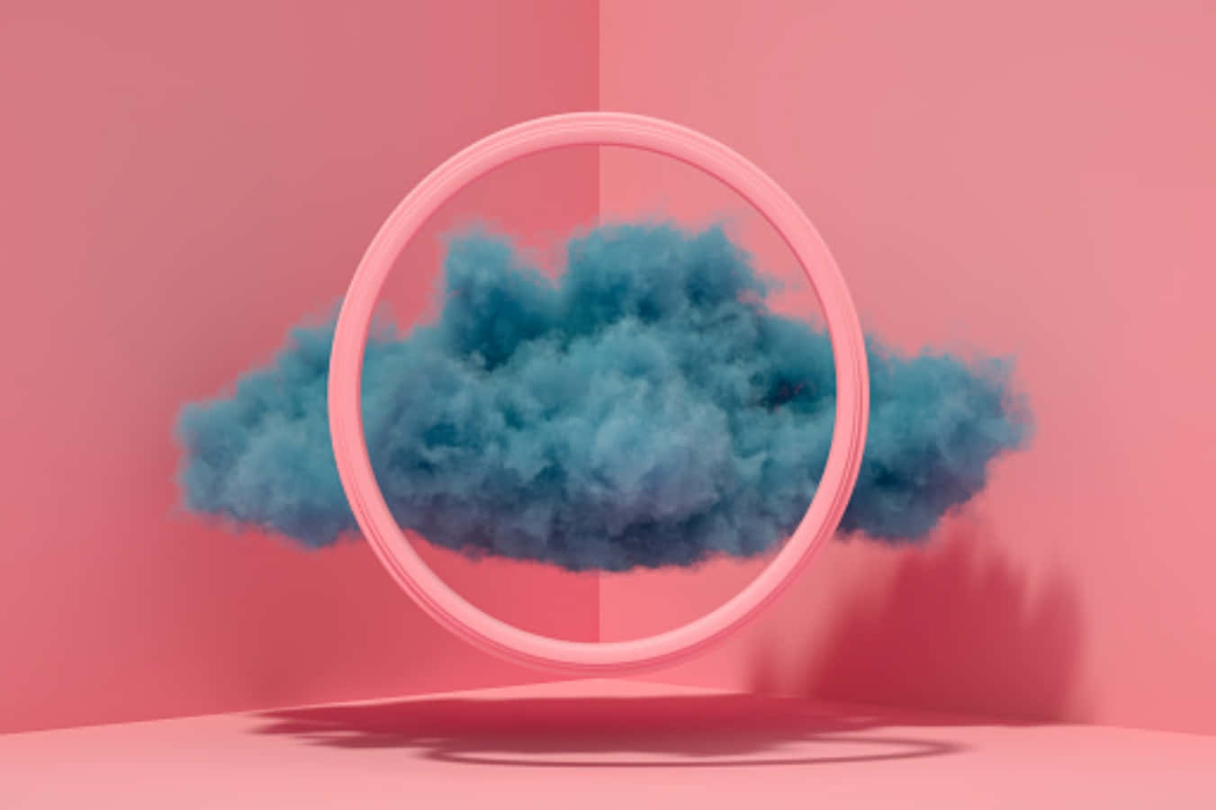 teal cloud, pink circular frame, split pink wall, HD Desktop Wallpaper