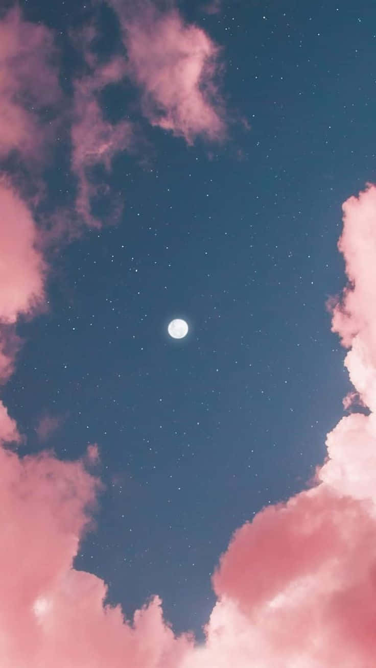 Pink And Blue Clouds, moon, night sky, HD Phone Wallpaper