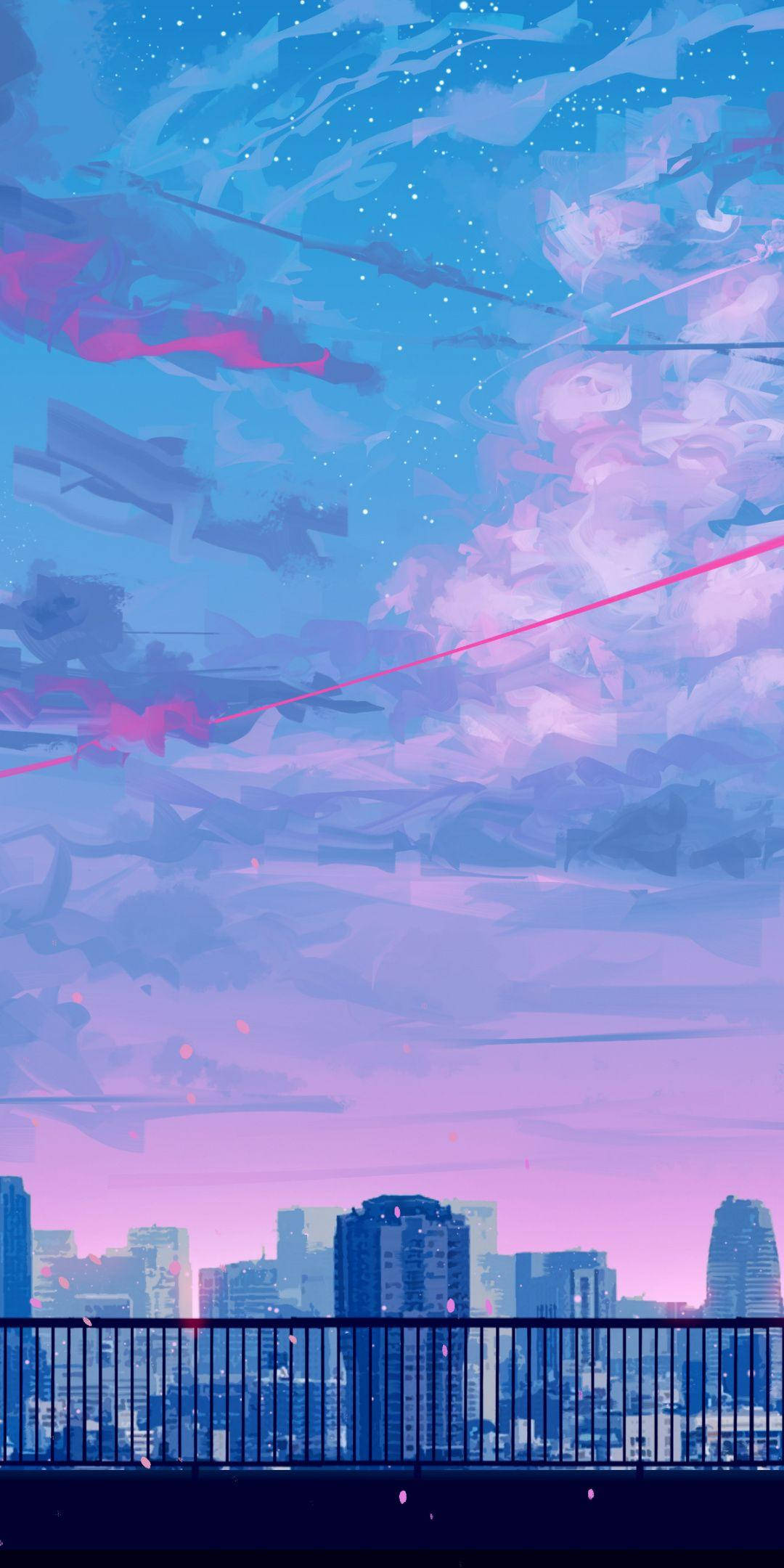 anime-style cityscape, twilight, pink and blue skies, Full HD Phone Wallpaper