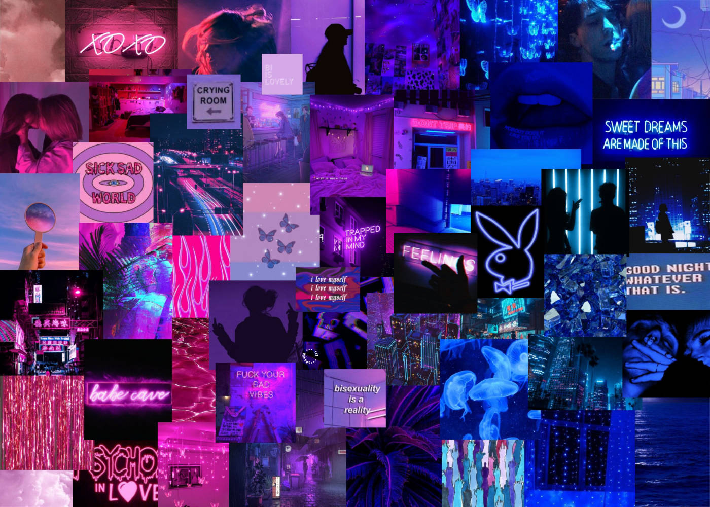 neon pink and blue, vibrant neon collage, pink and blue urban scenes, HD Desktop Wallpaper