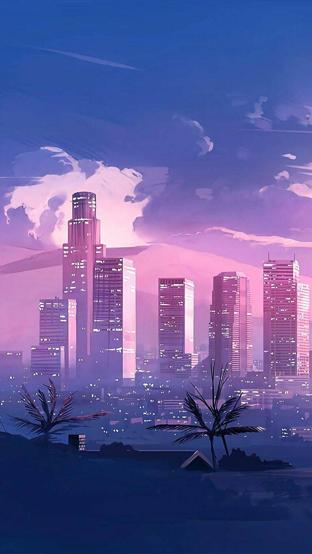 blue and pink city, purple and pink twilight, stylized city skyline, Full HD Phone Wallpaper