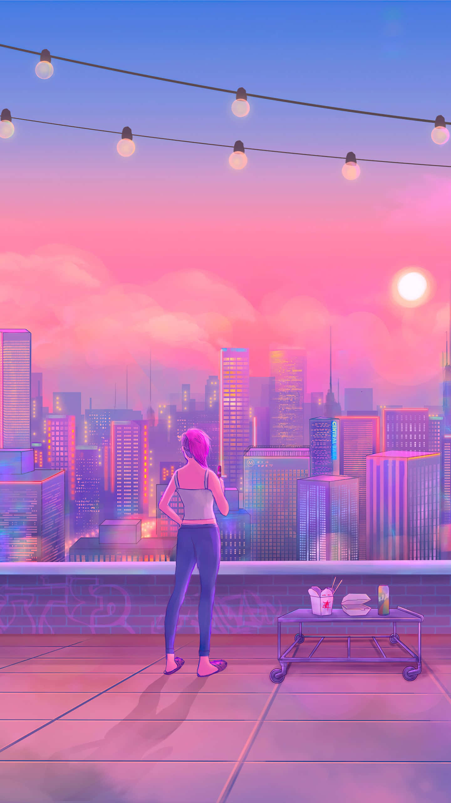 Pink Moon, rooftop, neon-drenched cityscape, 2K Phone Wallpaper