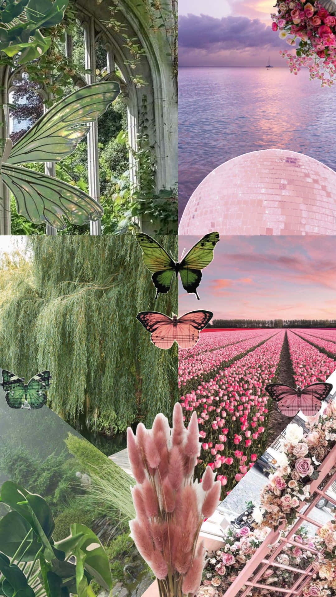 pink and green aesthetic, butterflies, pink flowers, Full HD Phone Wallpaper