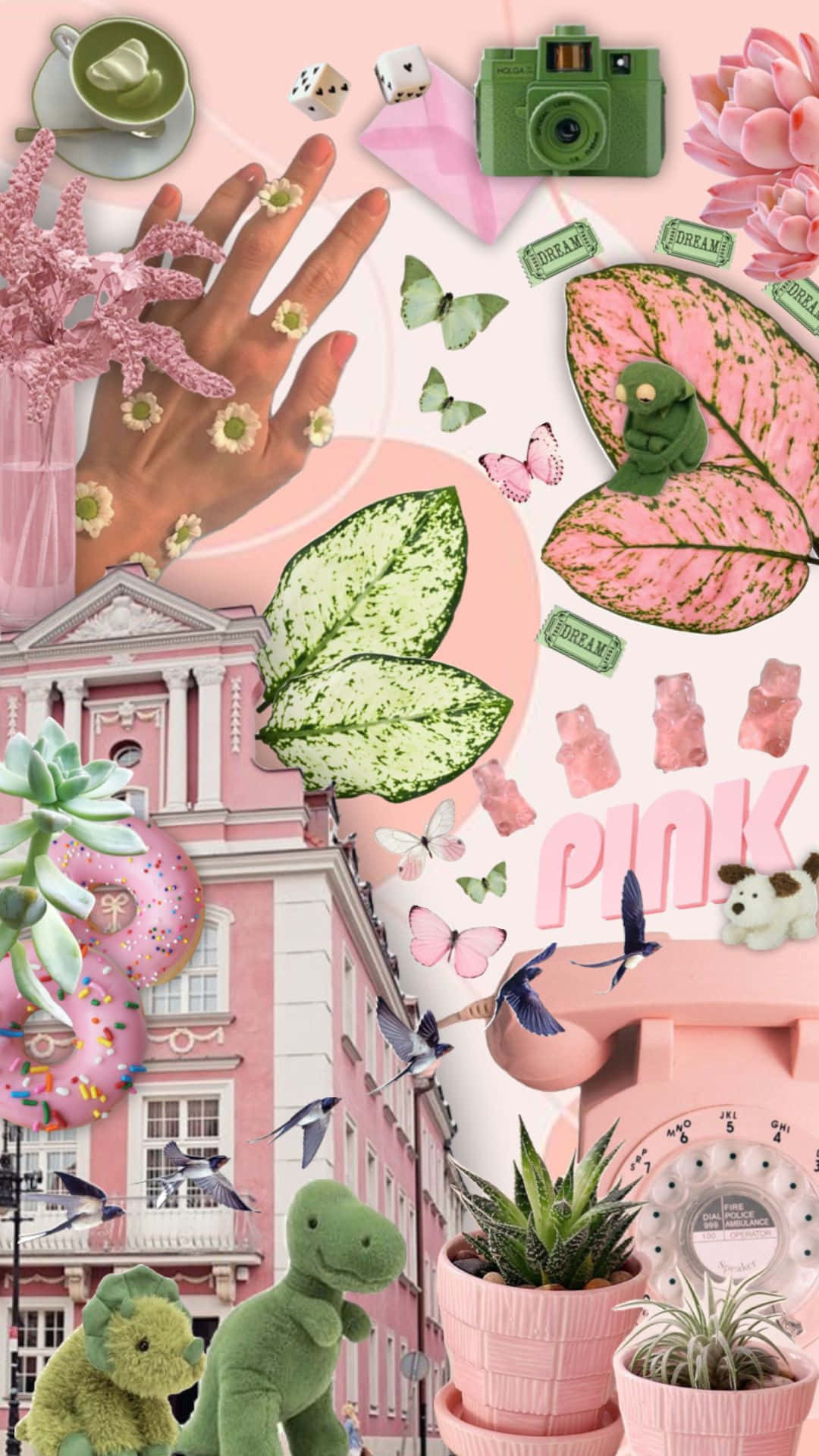 pink and green aesthetic, vibrant pink collage, hand with flowers, Full HD Phone Wallpaper