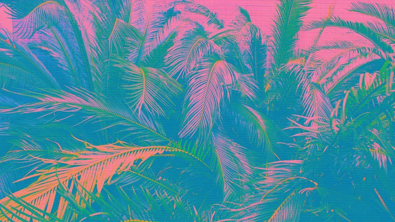 neon pink, cyan, tropical palm fronds, HD Desktop Wallpaper