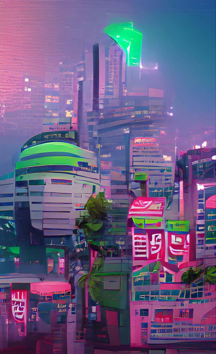 neon-drenched cyberpunk cityscape, towering skyscrapers, glowing pink and green, SD Phone Wallpaper