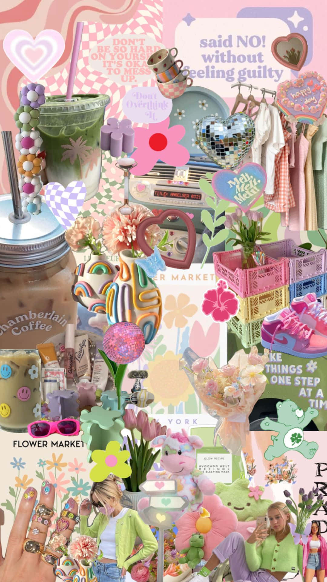 pastel pink, pastel green, collage, Full HD Phone Wallpaper