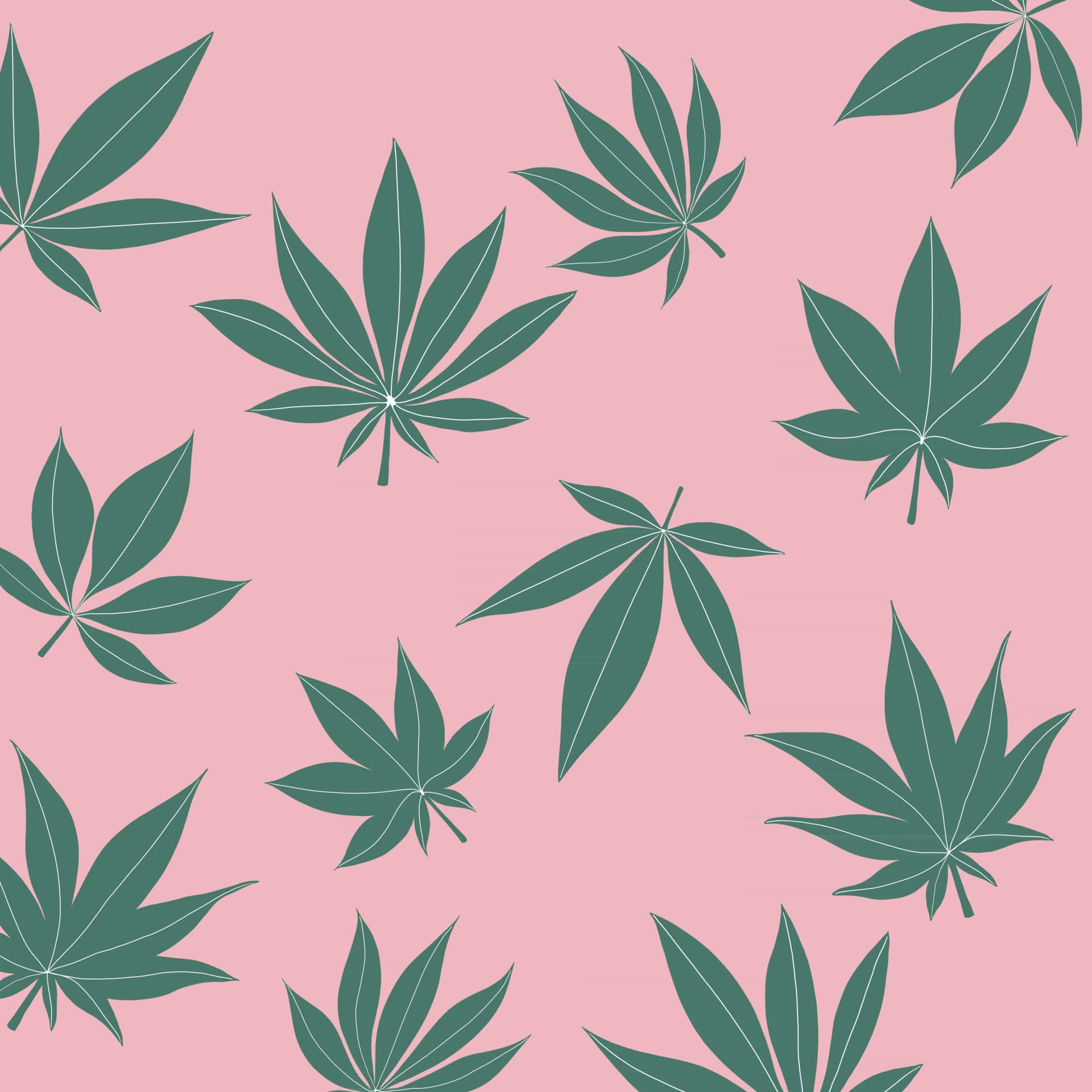 pastel pink, green maple leaf silhouettes, white outlines, Full HD Desktop Wallpaper