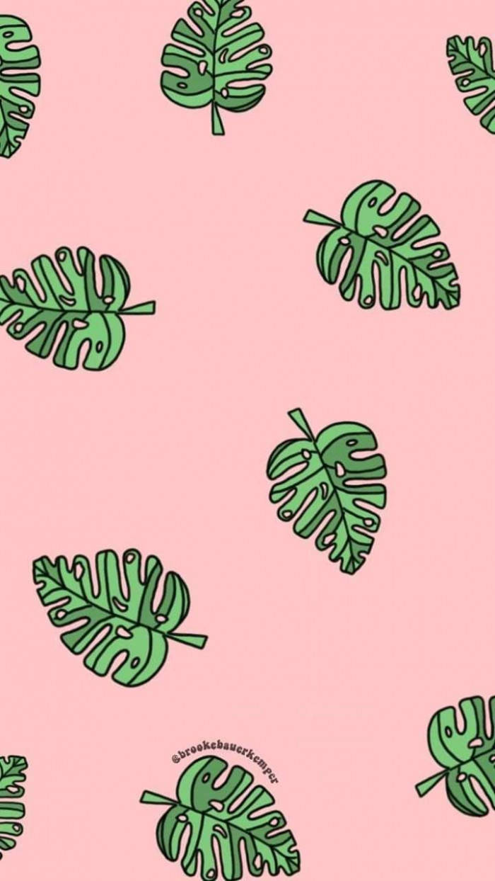 green monstera leaves, soft pink background, playful scattered pattern, SD Phone Wallpaper