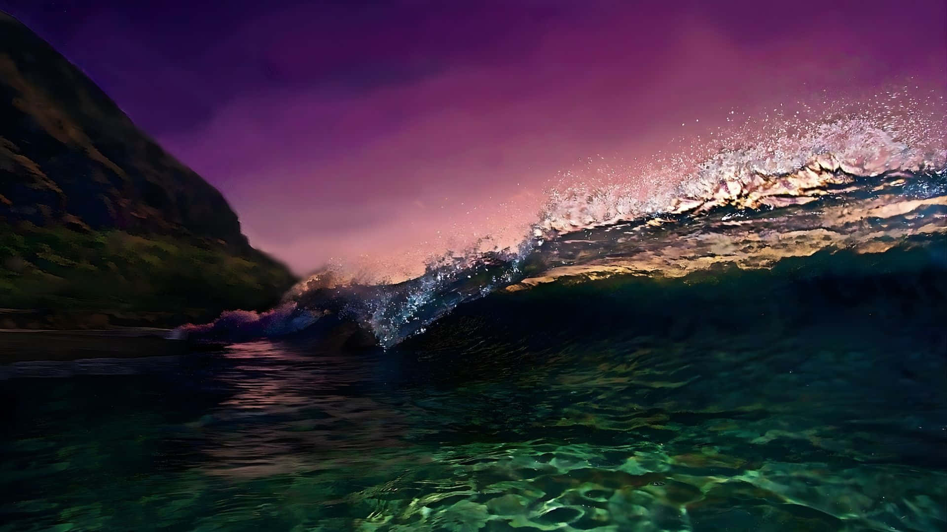Pink And Green Ocean Wave, vibrant purple and pink twilight sky, crashing wave, Full HD Desktop Wallpaper