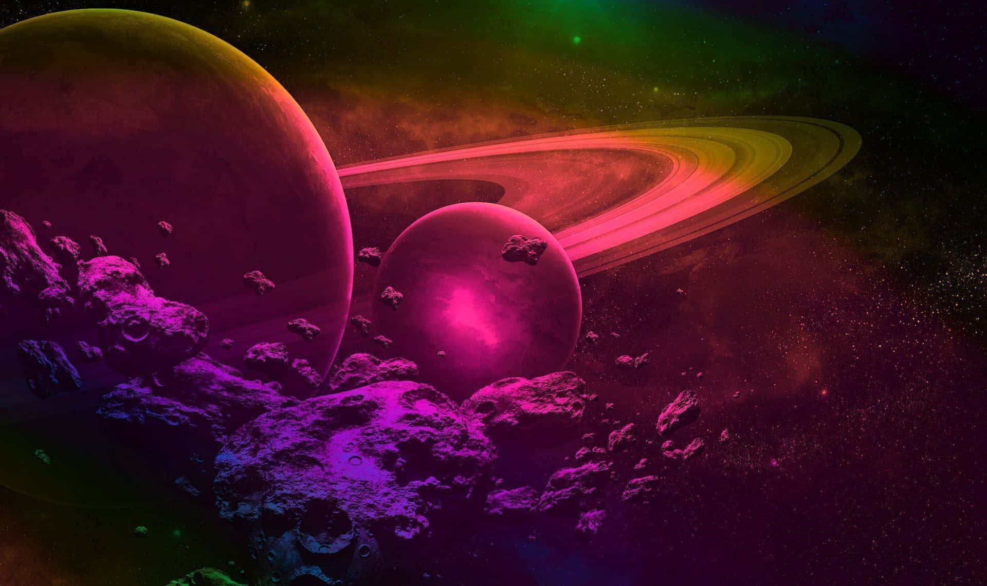 pink and purple galaxy, glowing pink and purple planets, colorful rings, Full HD Desktop Wallpaper