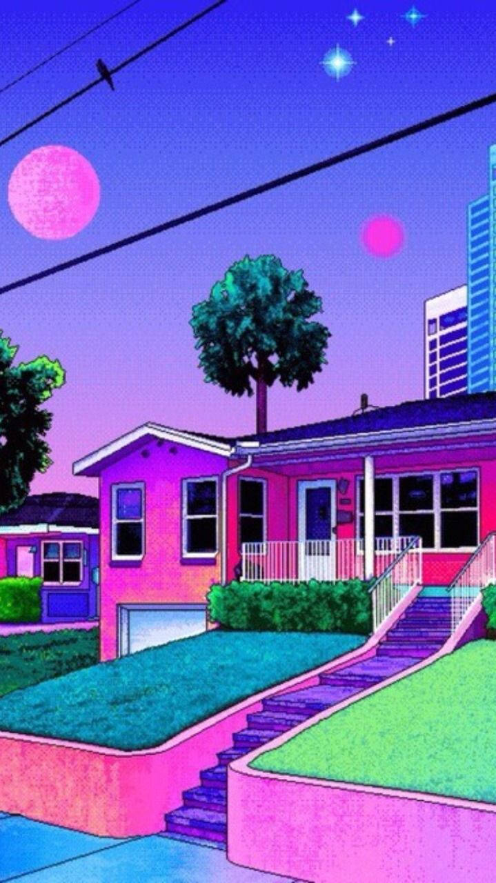 80s anime aesthetic, pink house, purple sky, HD Phone Wallpaper