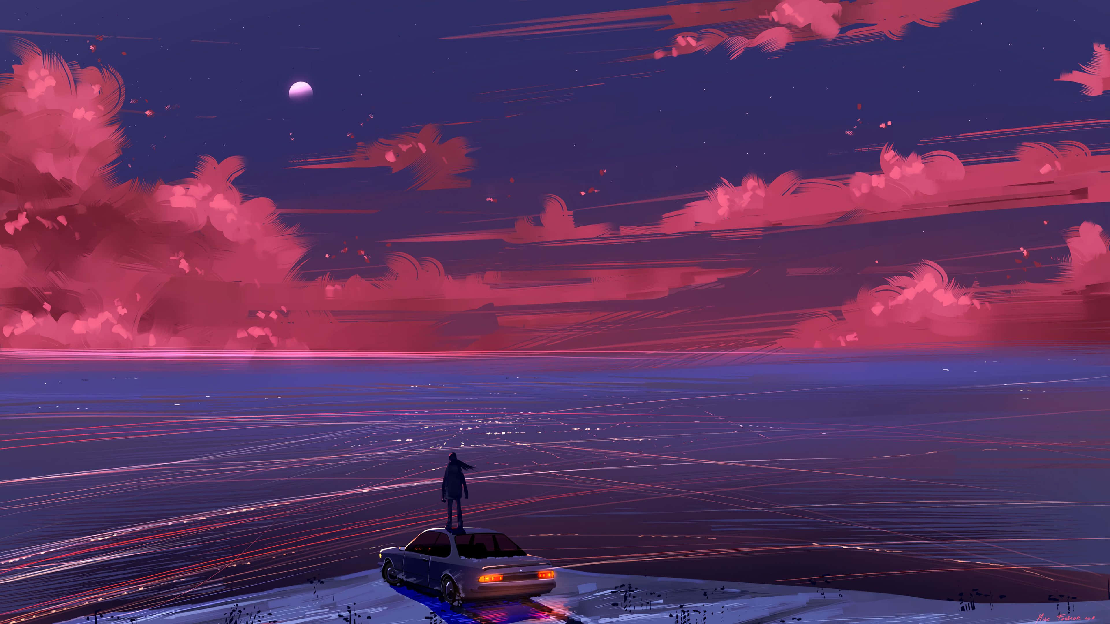frozen plain, surreal pink and purple sky, glowing moon, 4K Desktop Wallpaper