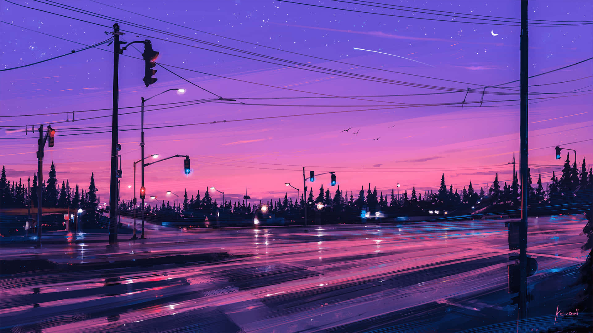 neon-drenched urban street, twilight, streaking car lights, Full HD Desktop Wallpaper