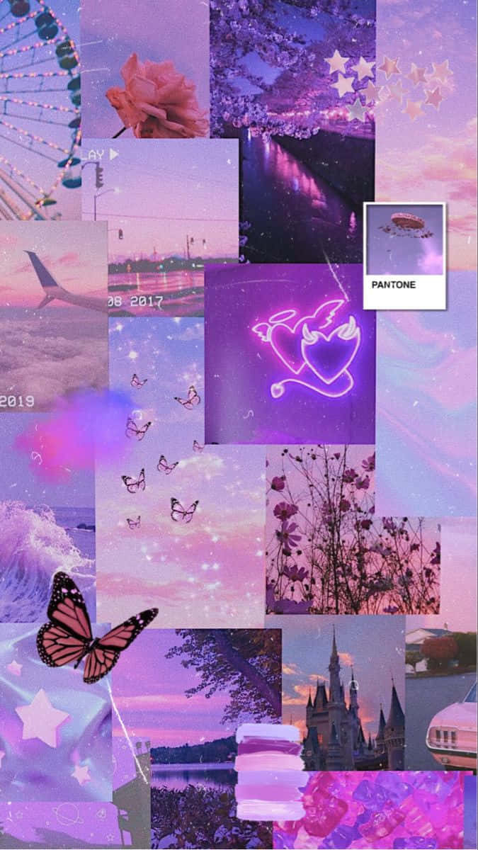 Pink Purple Aesthetic Collage, butterflies, ferris wheel, SD Phone Wallpaper