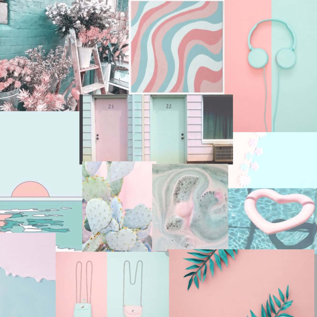 pastel-colored collage, flowers, ladders, SD Desktop Wallpaper