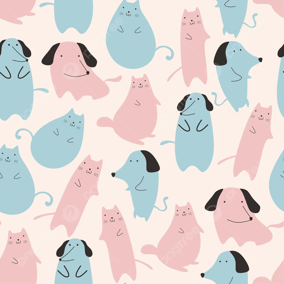 pink and teal, cat and dog pattern, cartoon cats and dogs, SD Desktop Wallpaper