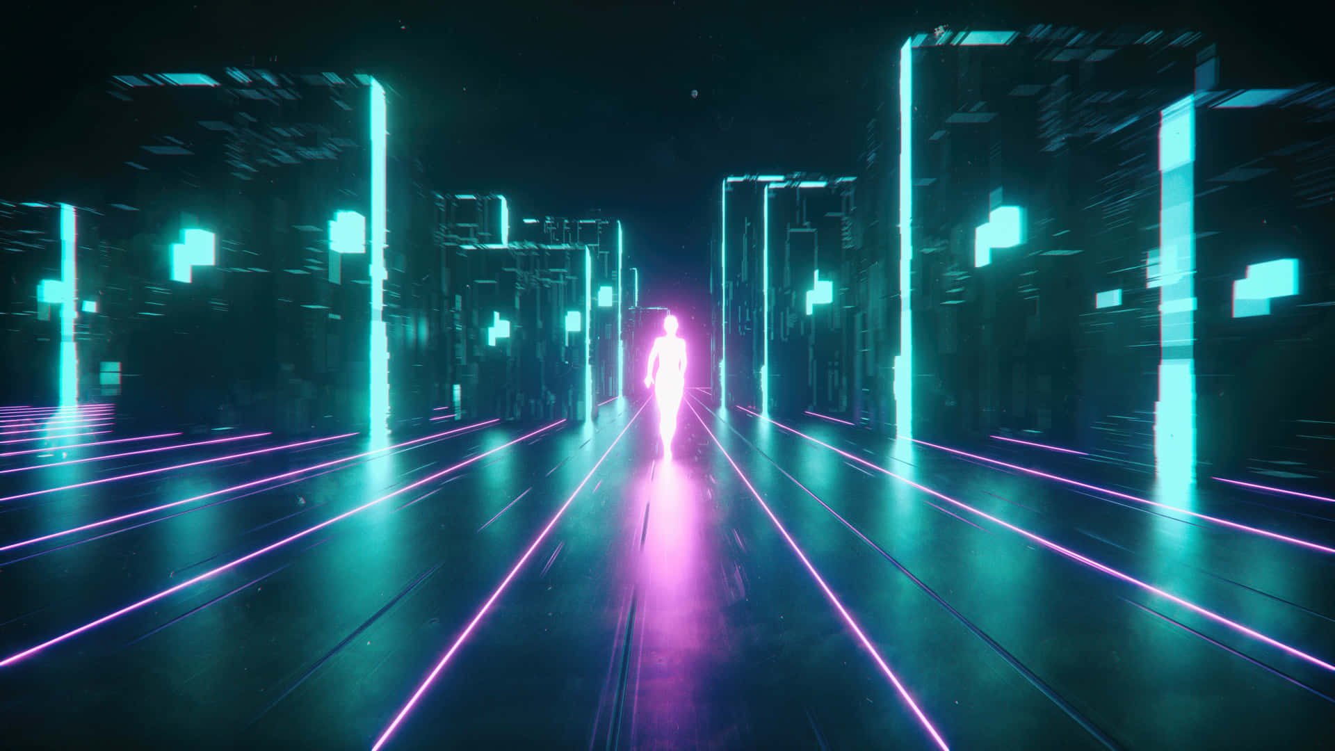 Pink And Teal, neon-lit digital corridor, pixelated structures, Full HD Desktop Wallpaper