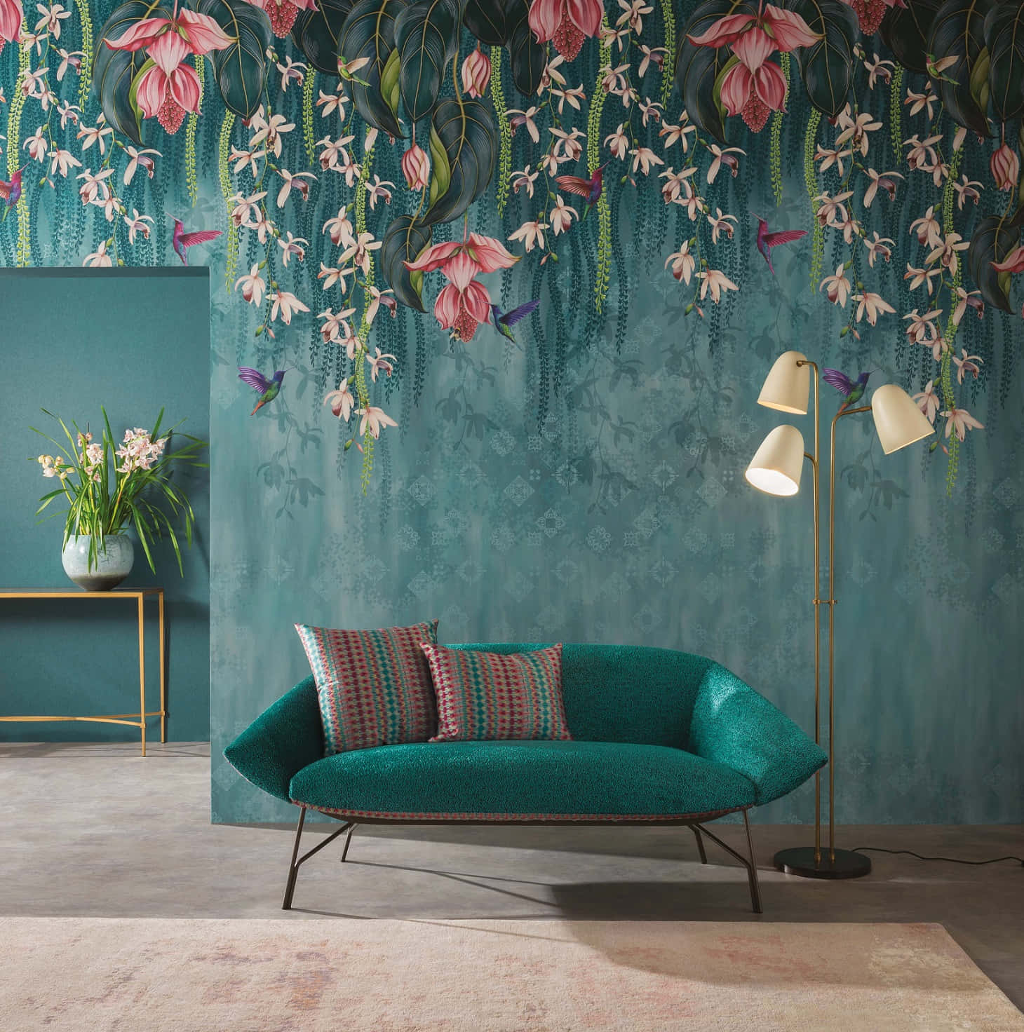 teal sofa, hanging pink orchids, hummingbirds, HD Phone Wallpaper