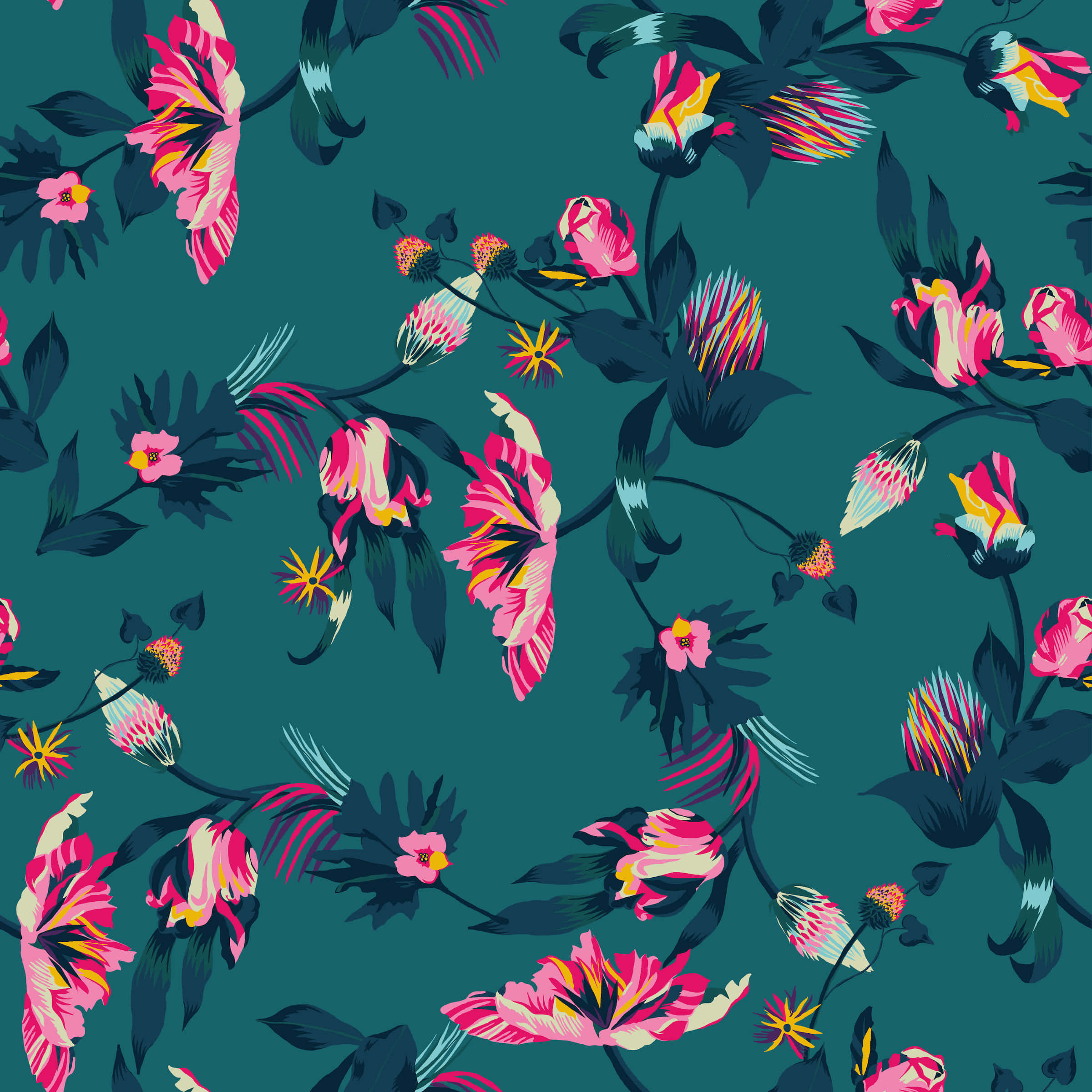 Pink Floral Pattern, Teal, Tropical Flowers, Full HD Desktop Wallpaper