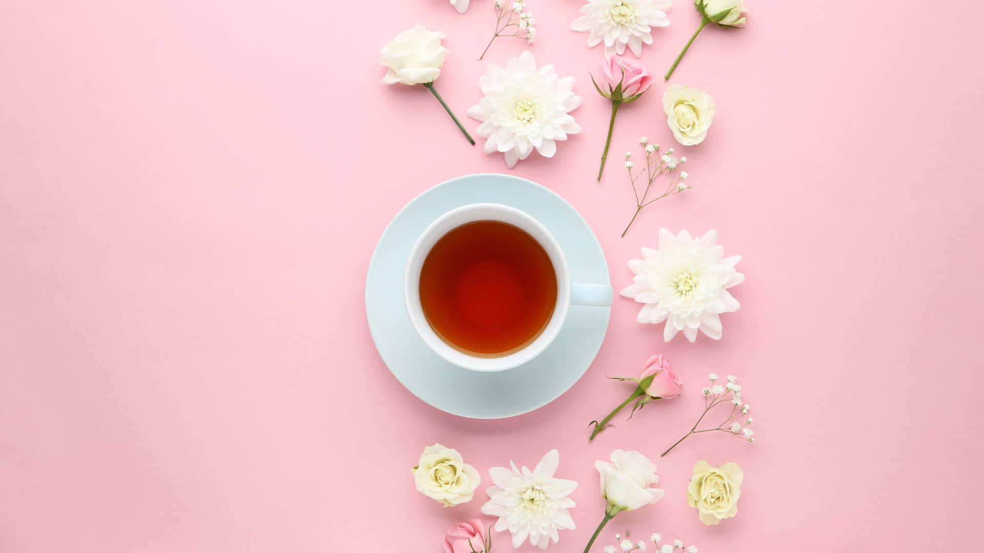 light blue teacup, amber tea, white and pink flowers, Full HD Desktop Wallpaper