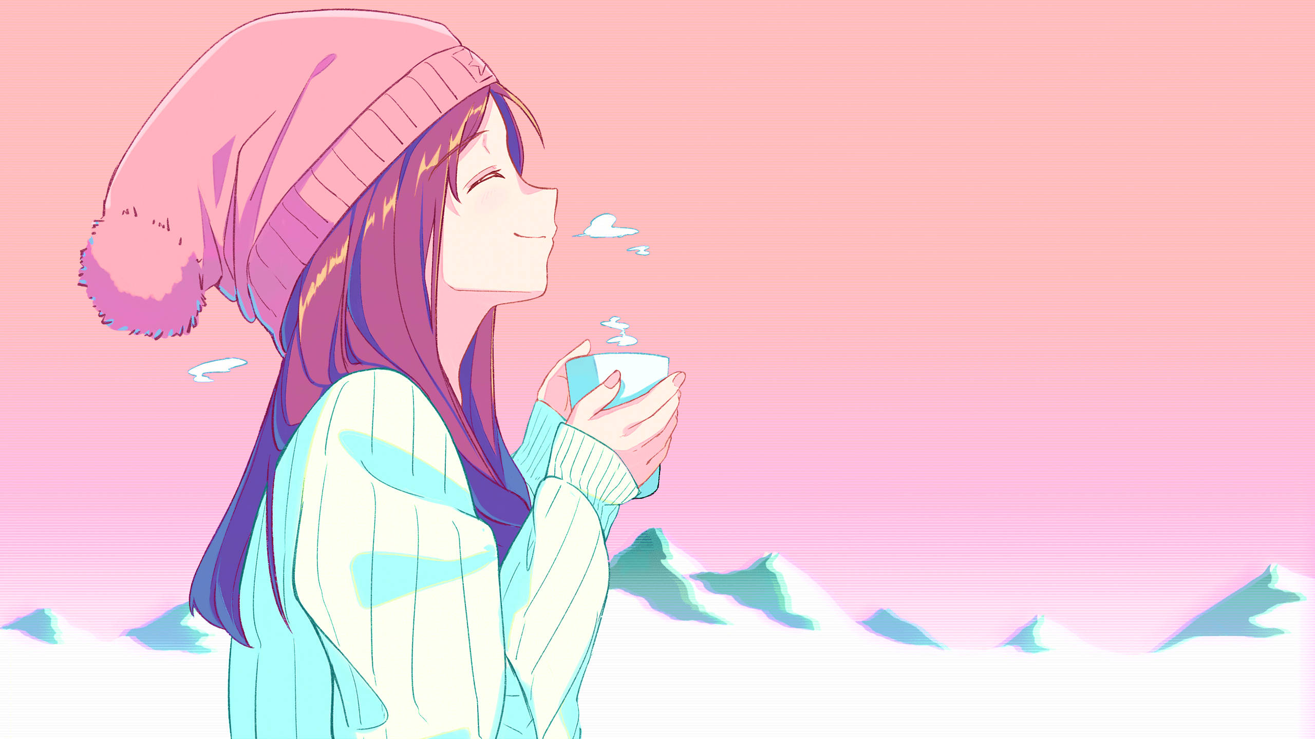 anime girl, pink beanie, mug, 2K Desktop Wallpaper