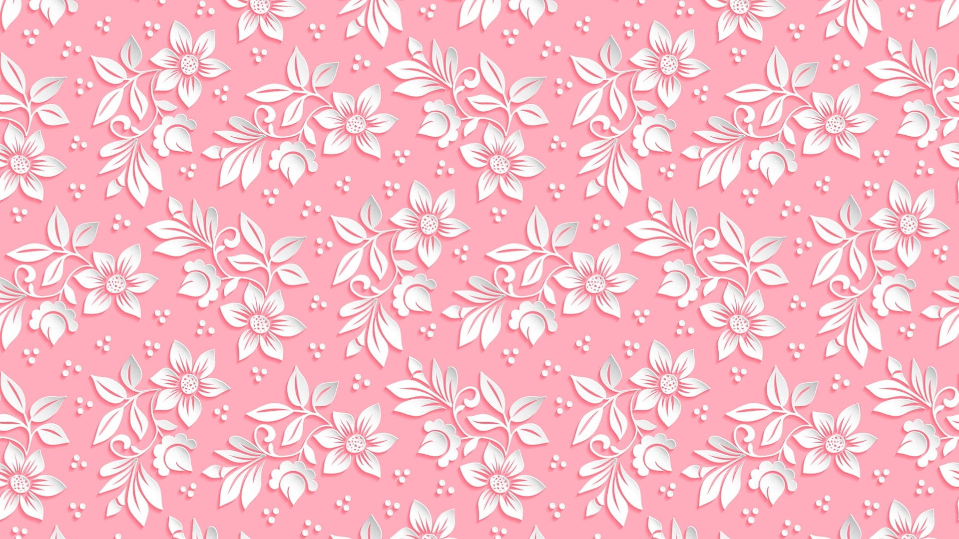 Pink And White Floral Patterns, pink background, white paper-cut floral vines, Full HD Desktop Wallpaper