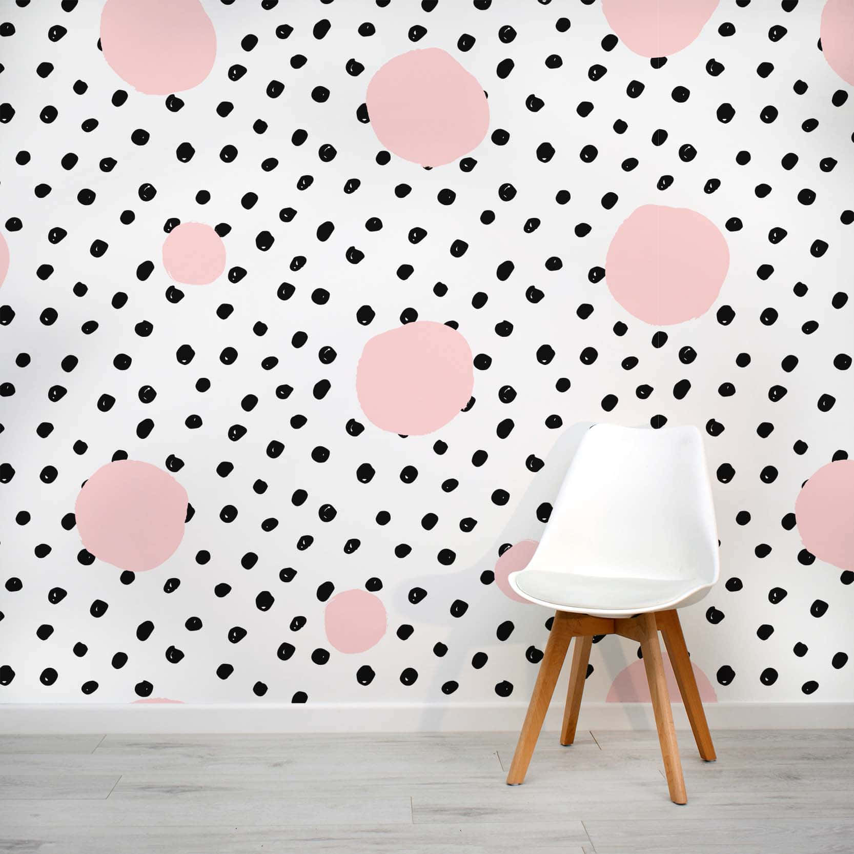 pink and white polka dot, white chair, wooden legs, HD Desktop Wallpaper