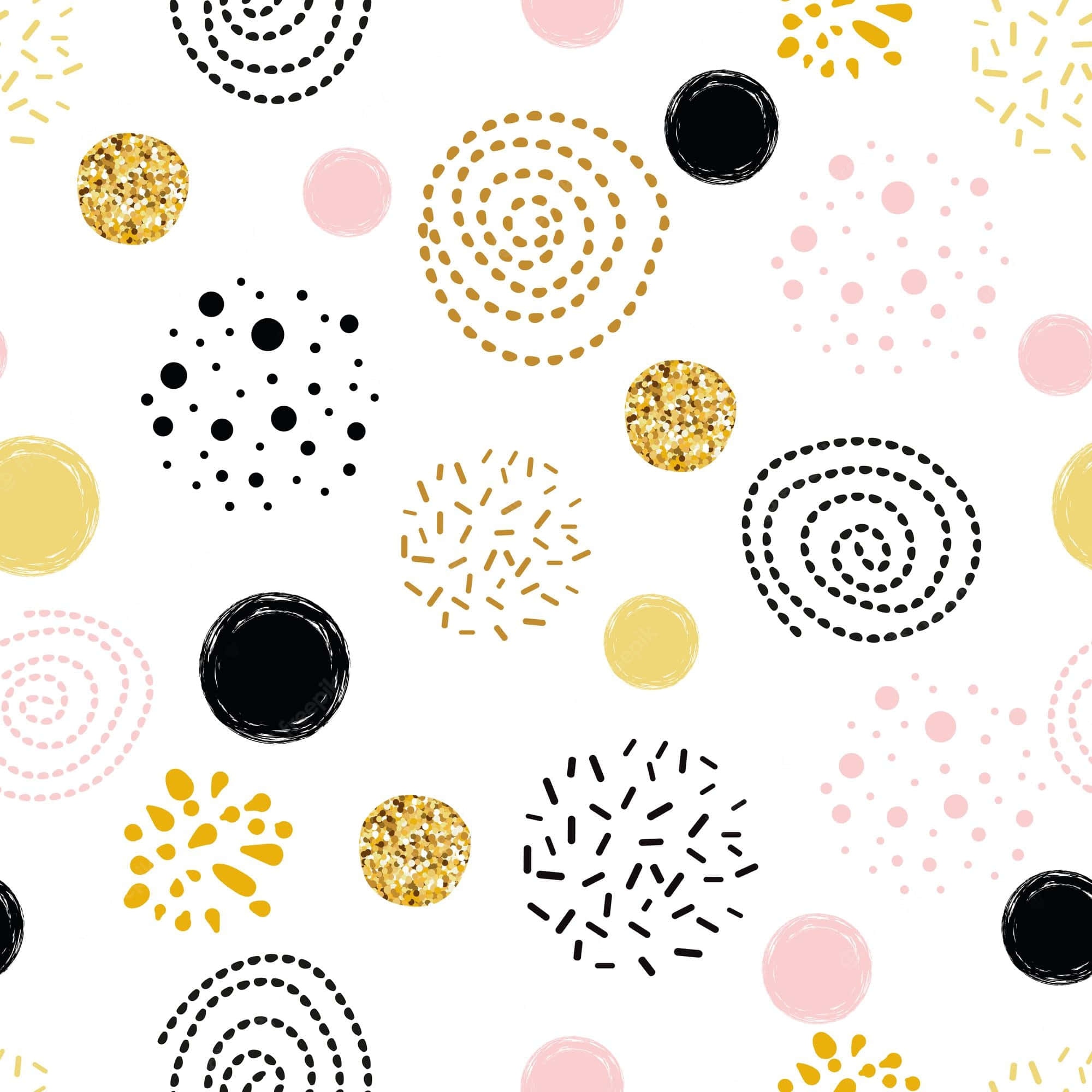 pink and white polka dot, gold glitter, black circular shapes, Full HD Desktop Wallpaper