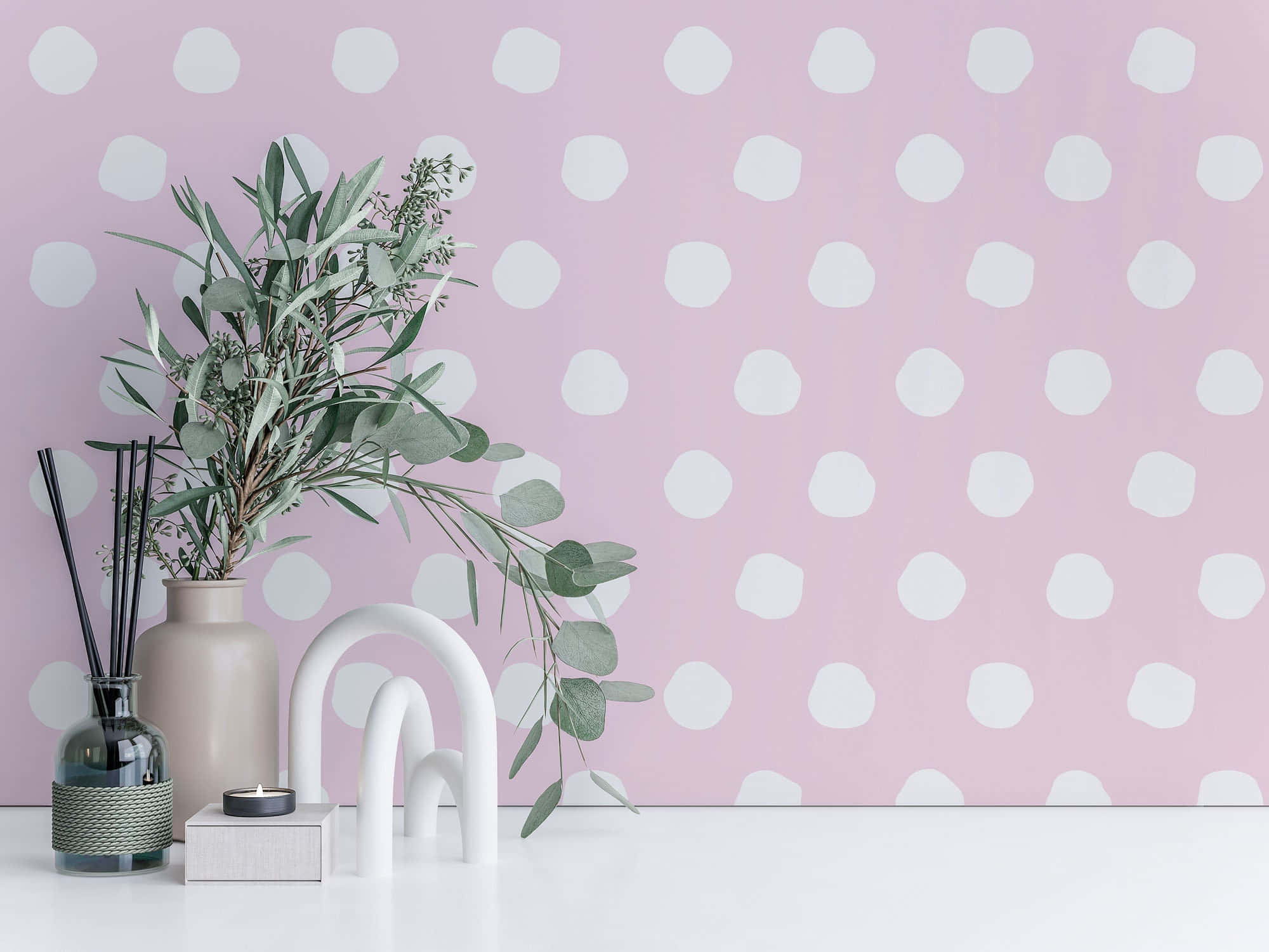 pink wall, white polka dots, vase of greenery, Full HD Desktop Wallpaper