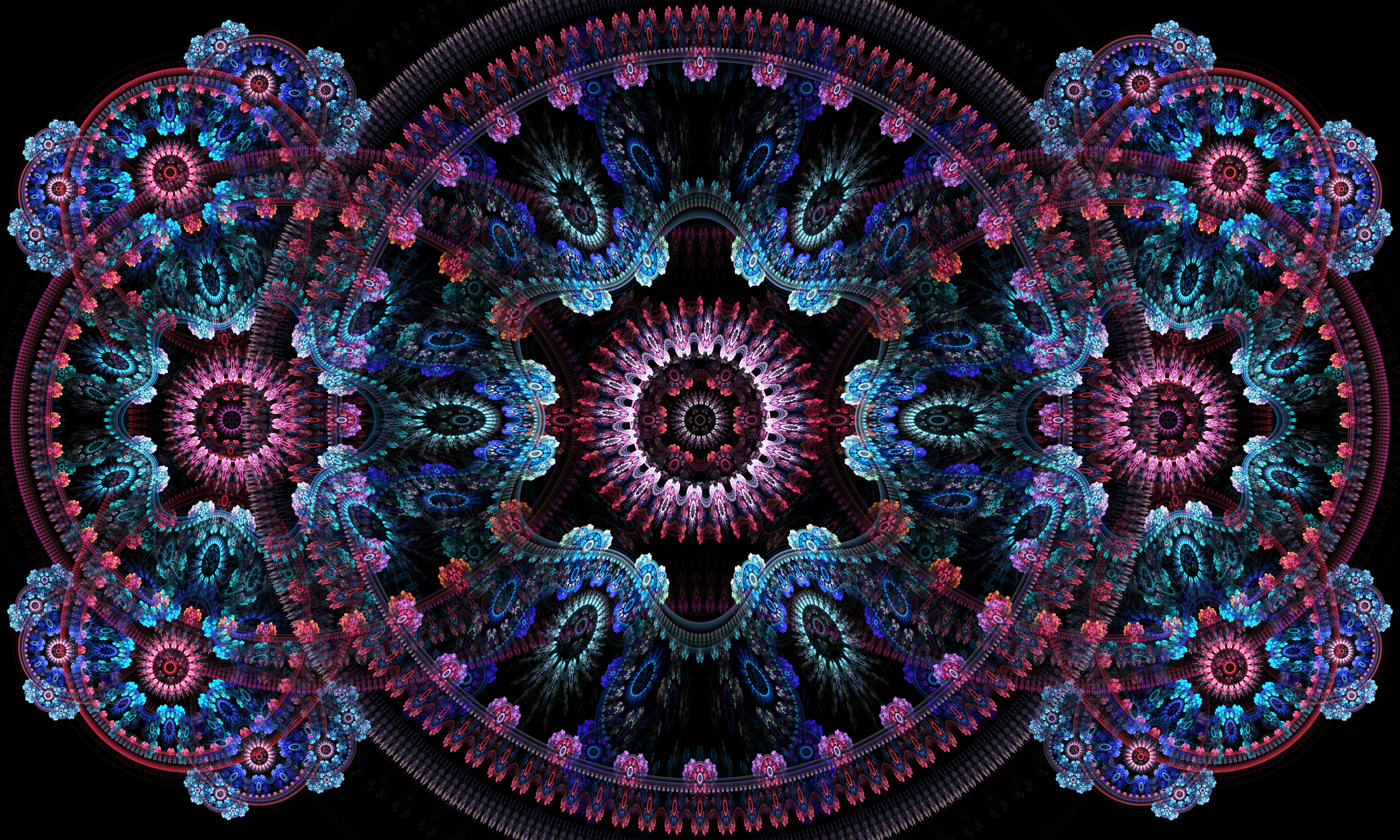 fractal mandala, vibrant blues, pinks, 4K Desktop Wallpaper