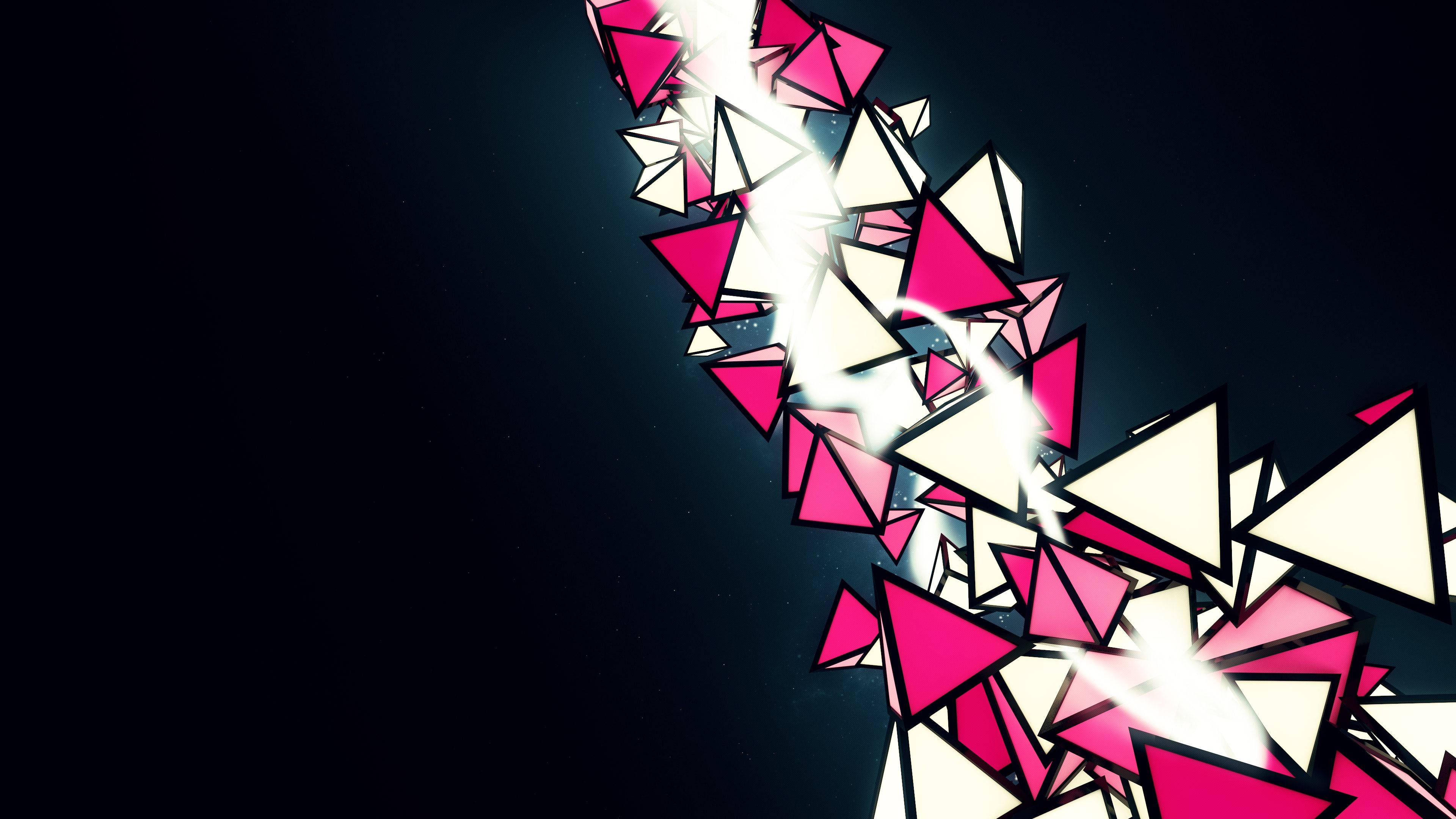 Pink And White, glowing pink and white triangles, dark cosmic background, 4K Desktop Wallpaper