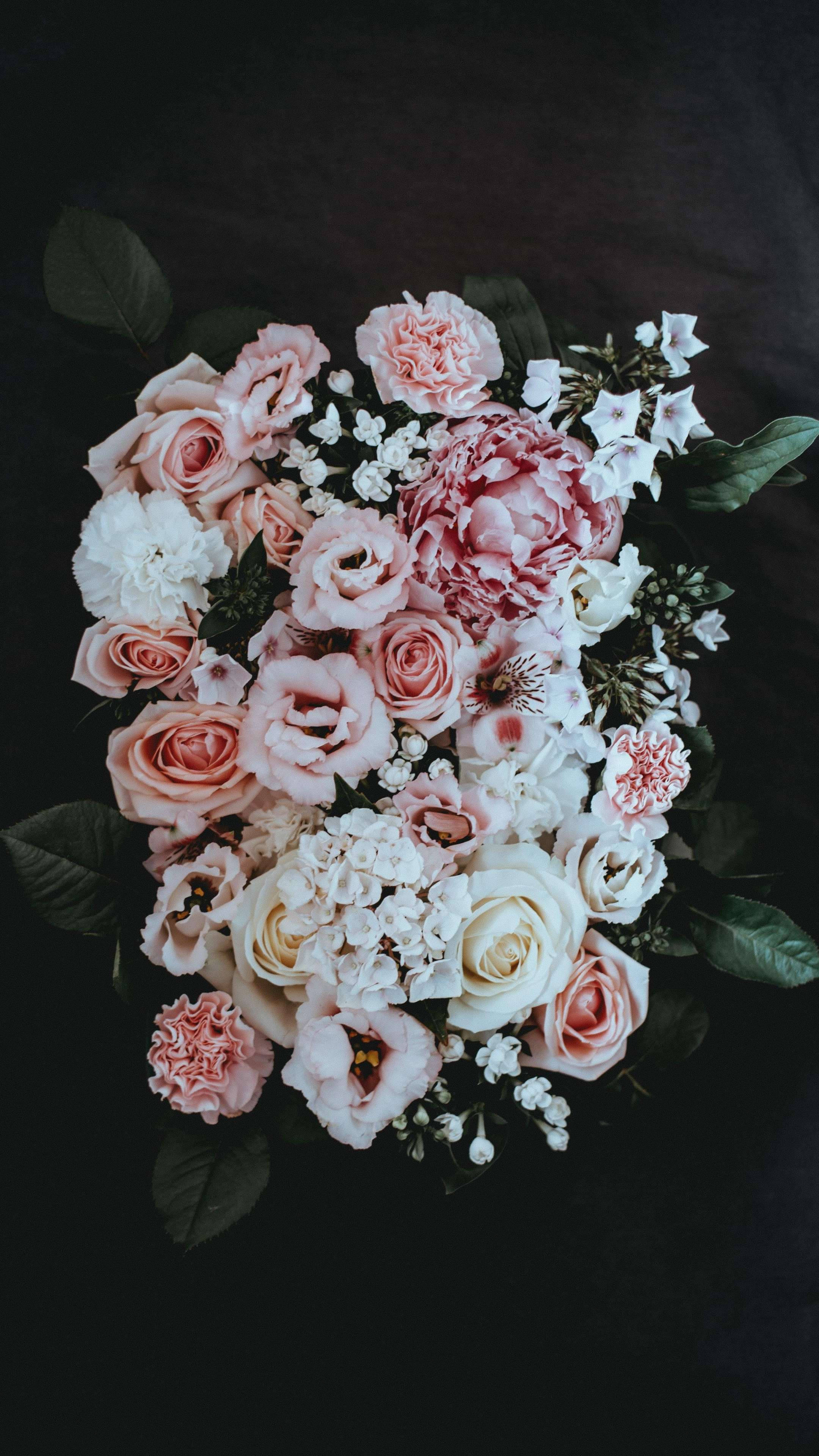 pink roses, peonies, white blooms, 4K Phone Wallpaper