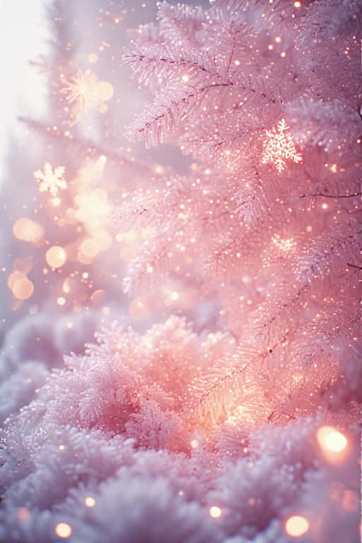 Cozy Christmas Scene, pink lights, sparkling snowflakes, SD Phone Wallpaper