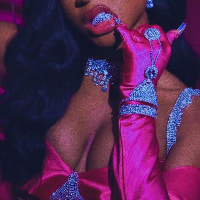 Pink Bad Girl, vibrant pink satin outfit, sparkling blue jewels, SD Desktop Wallpaper