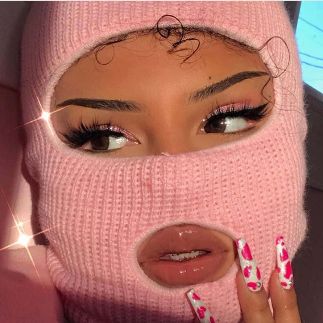 Pink Bad Girl, pink knit balaclava, heart-patterned nails, SD Desktop Wallpaper