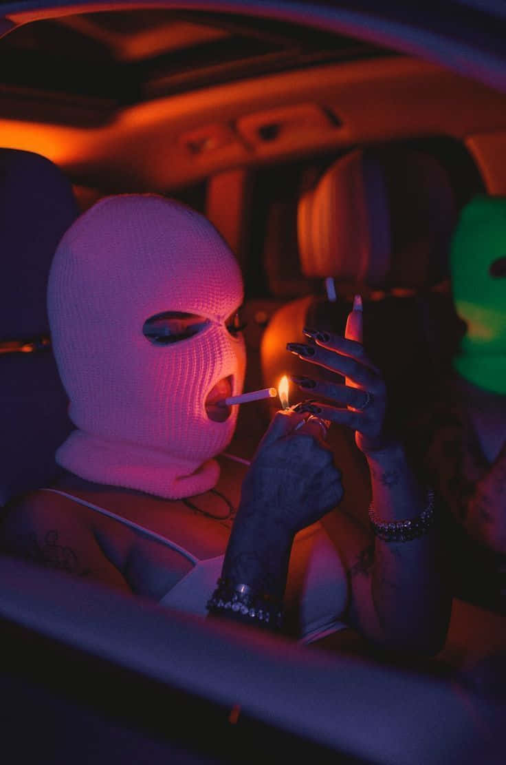 white balaclava, neon pink and orange glow, car, SD Phone Wallpaper