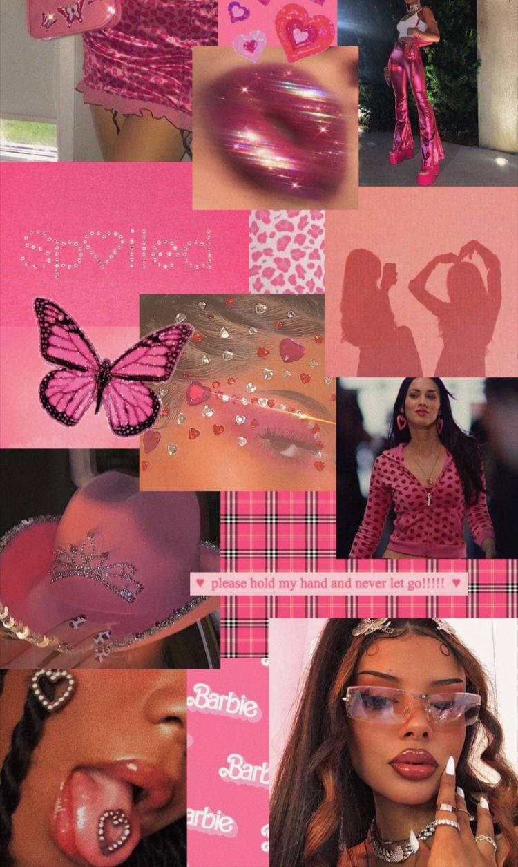 Spoiled Rhinestone Pink Baddie Collage, glittery lips, butterfly heart motifs, SD Phone Wallpaper