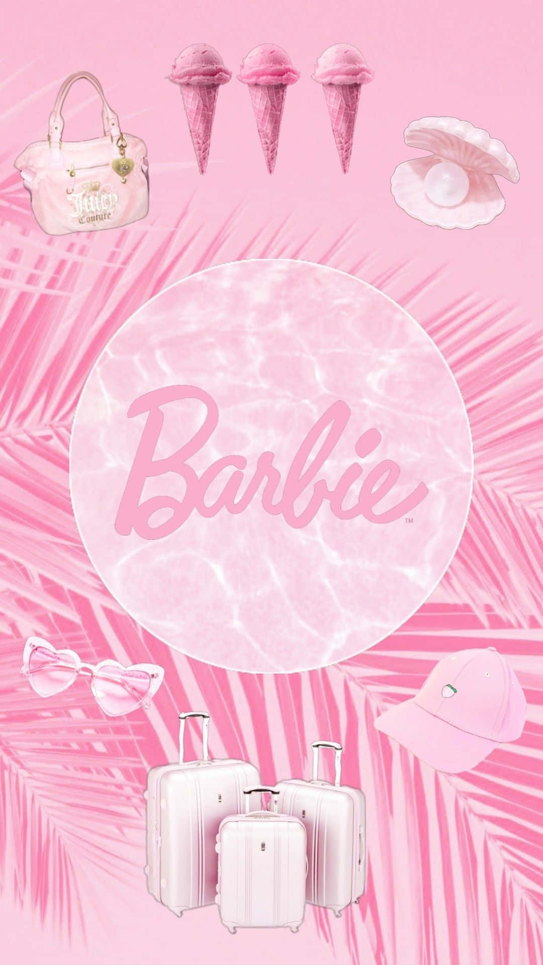 Pink Barbie Themed Collection, palm leaves, luggage, Full HD Phone Wallpaper