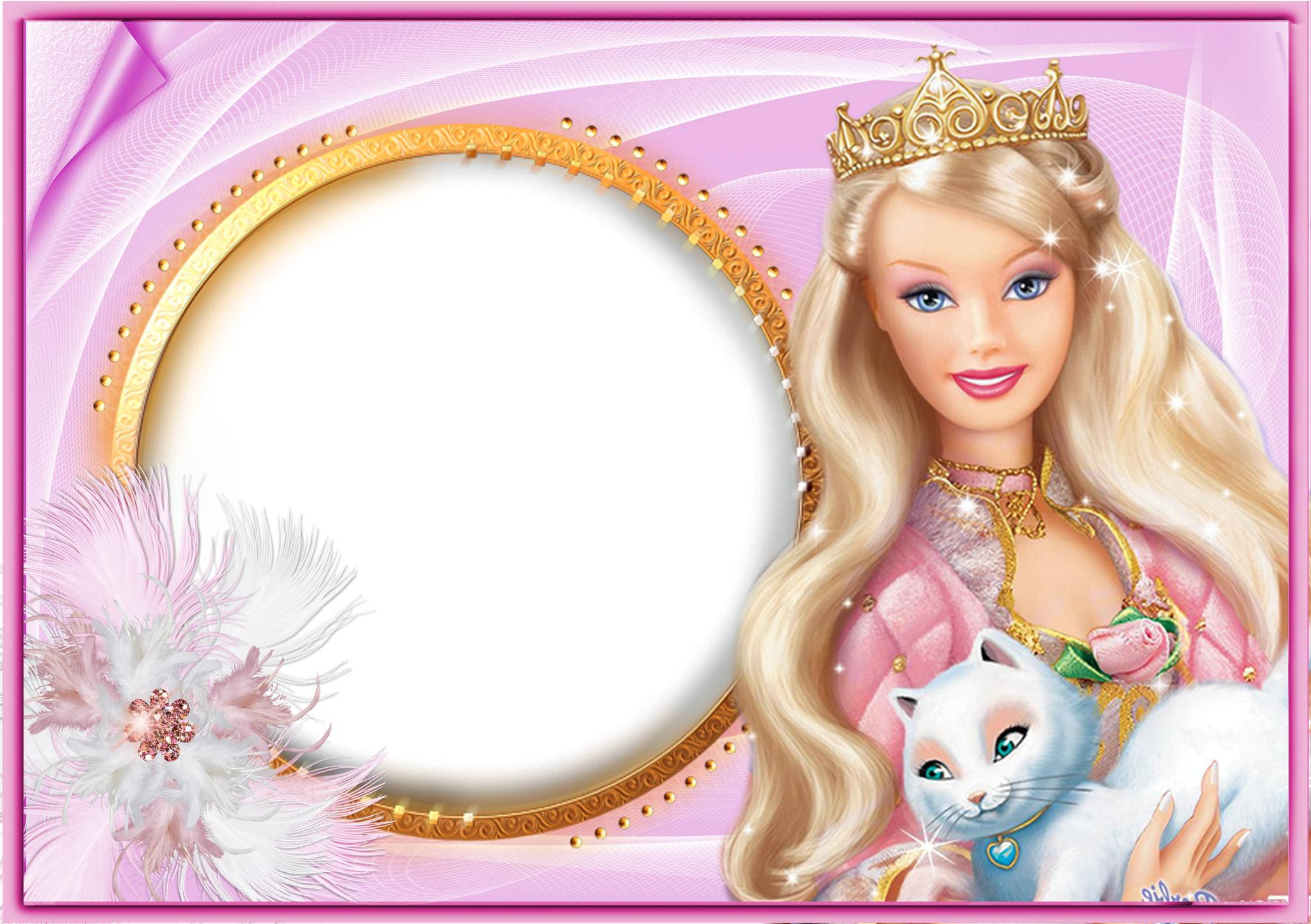 Barbie, pink swirling background, golden ornate frame, Full HD Desktop Wallpaper