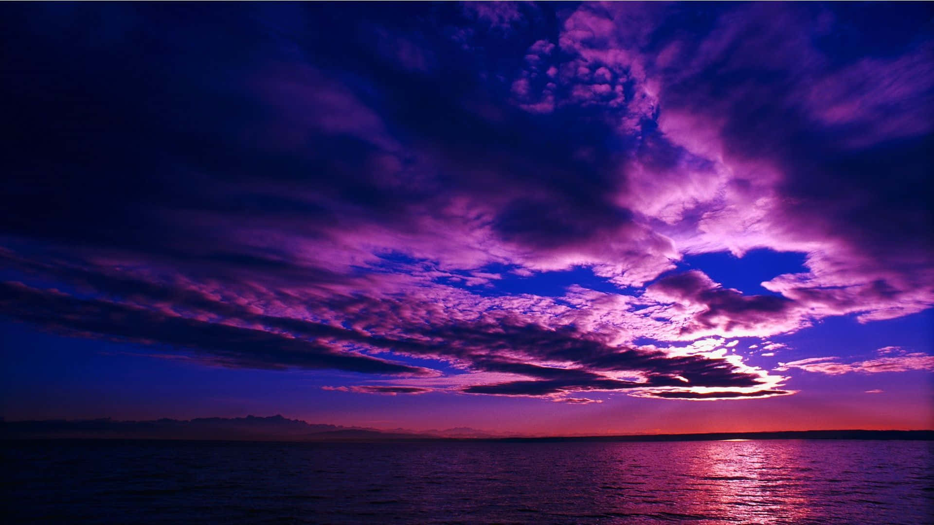 pink beach sunset, purple and blue sunset, calm ocean, Full HD Desktop Wallpaper