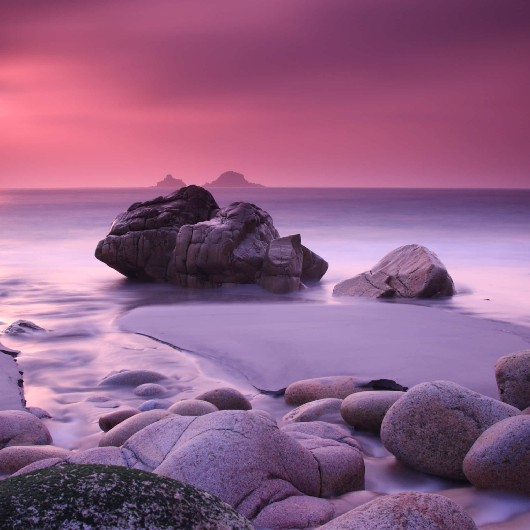 Pink Beach Sunset, Pink and purple sunset, smooth coastal rocks, Full HD Desktop Wallpaper