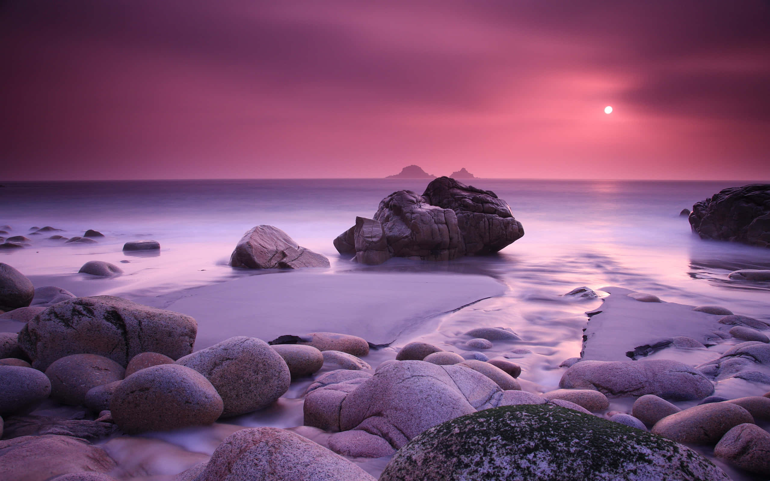 Pink Beach Sunset, pink sky, sunset, 2K Desktop Wallpaper