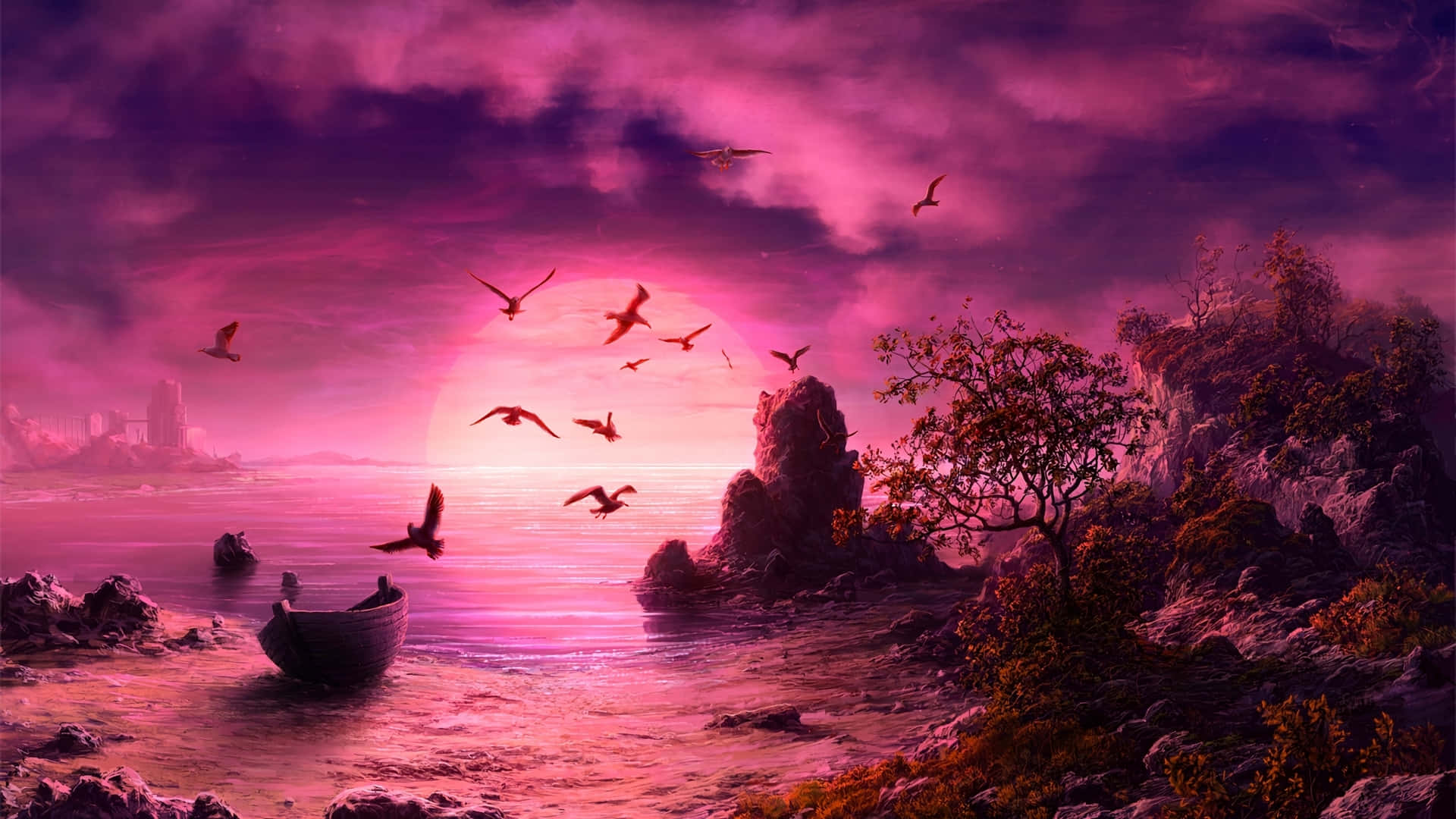 Pink Beach Sunset, surreal pink sunset, rocky shoreline, Full HD Desktop Wallpaper