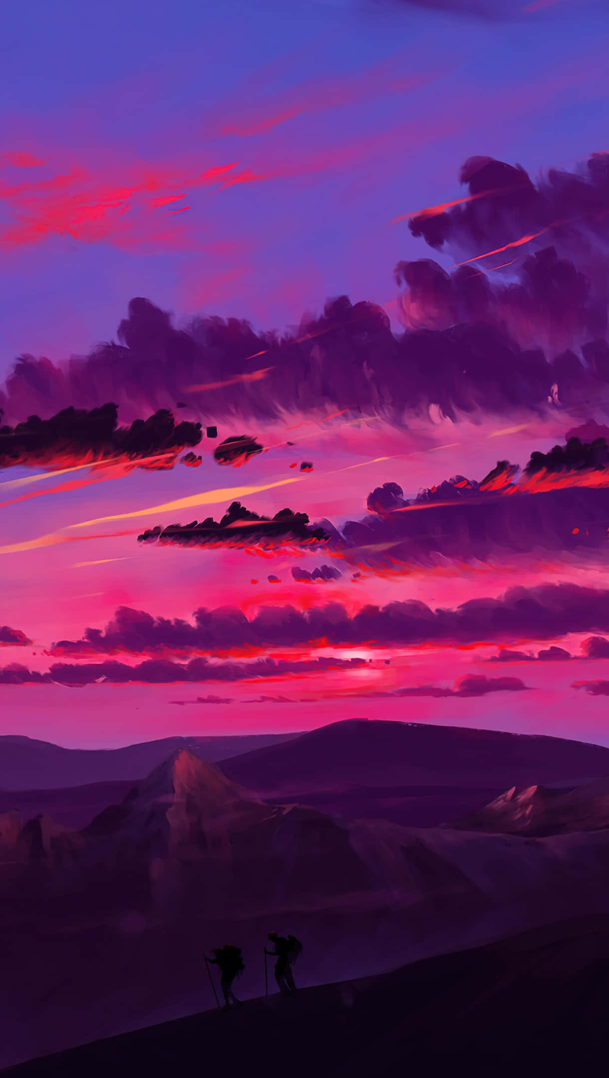 Pink Beach Sunset, purple and pink sunset sky, rugged mountains, Full HD Phone Wallpaper