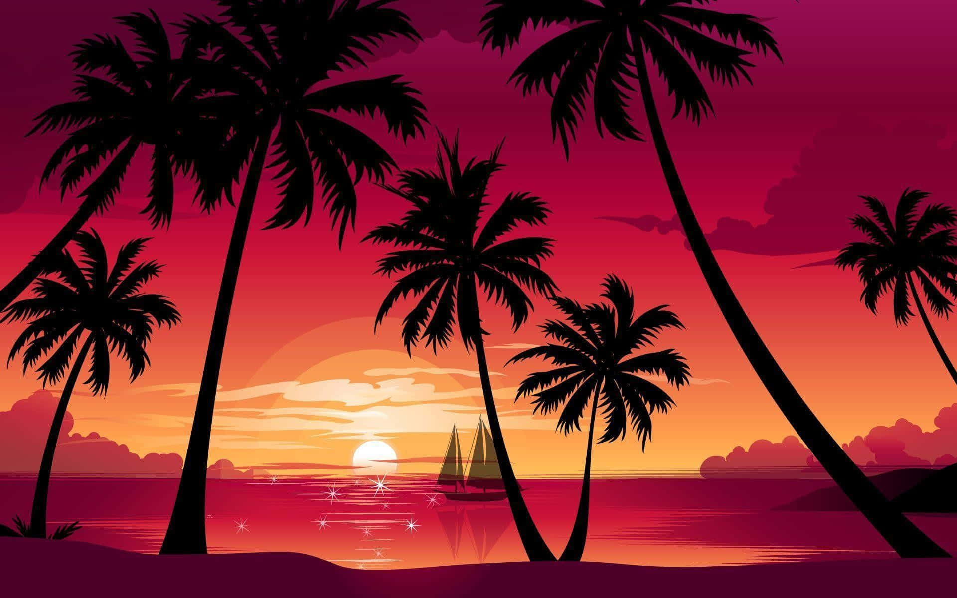 Pink Beach Sunset, sailboat, palm trees, Full HD Desktop Wallpaper