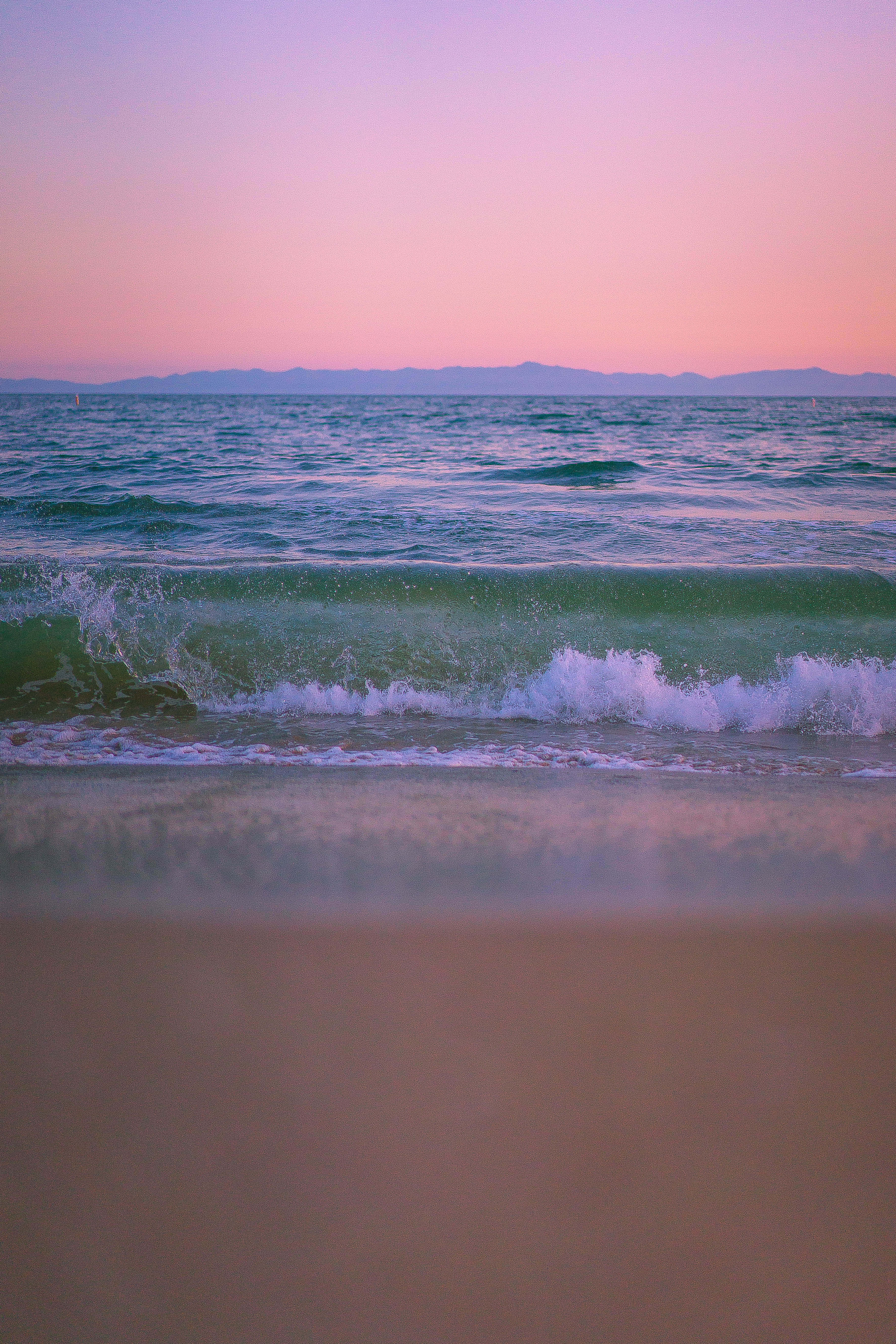 Pink Beach Sunset, pink sky, purple sky, 5K Phone Wallpaper