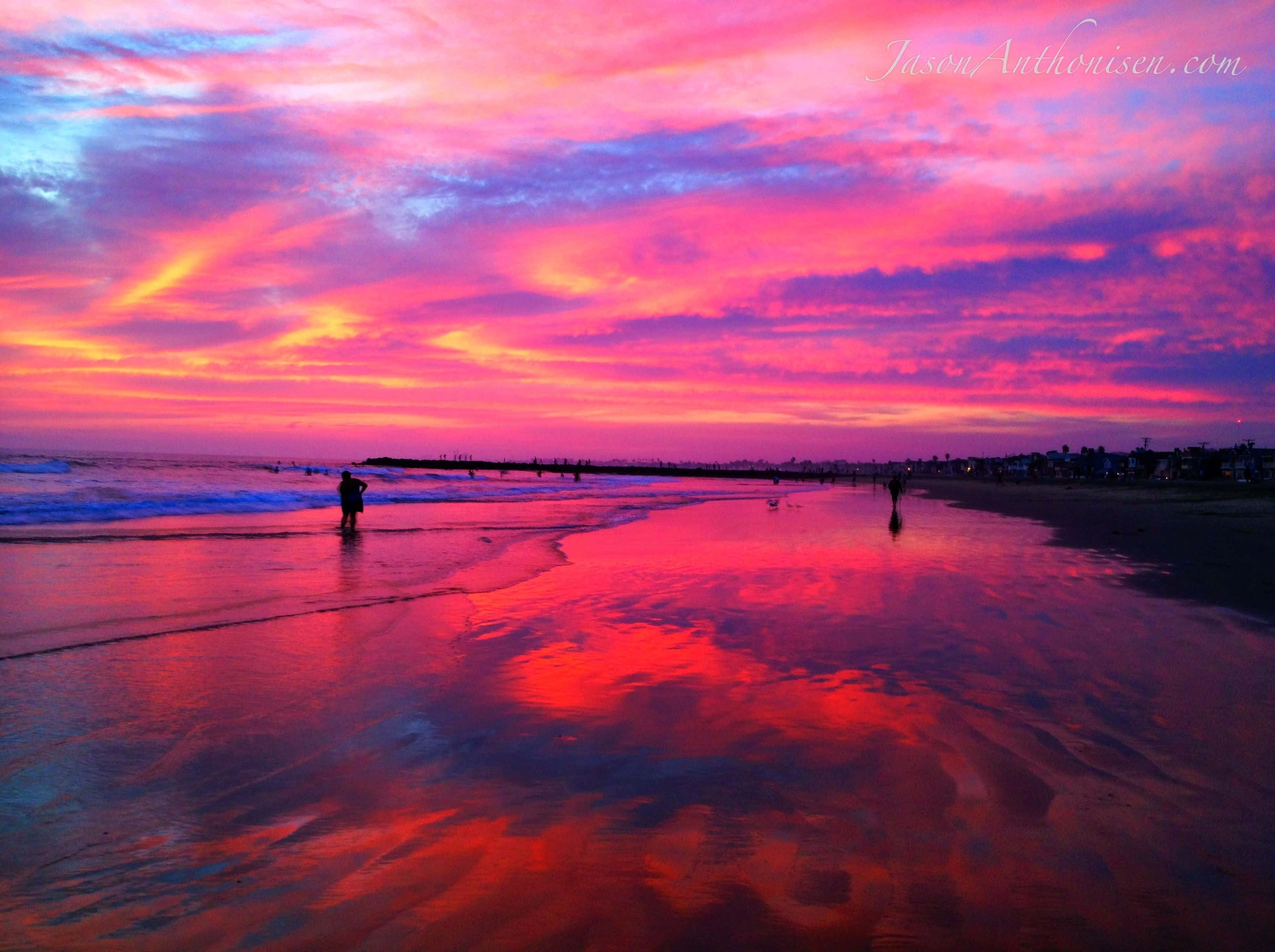 Pink Sand Beach, sunset, fiery pink, 2K Desktop Wallpaper