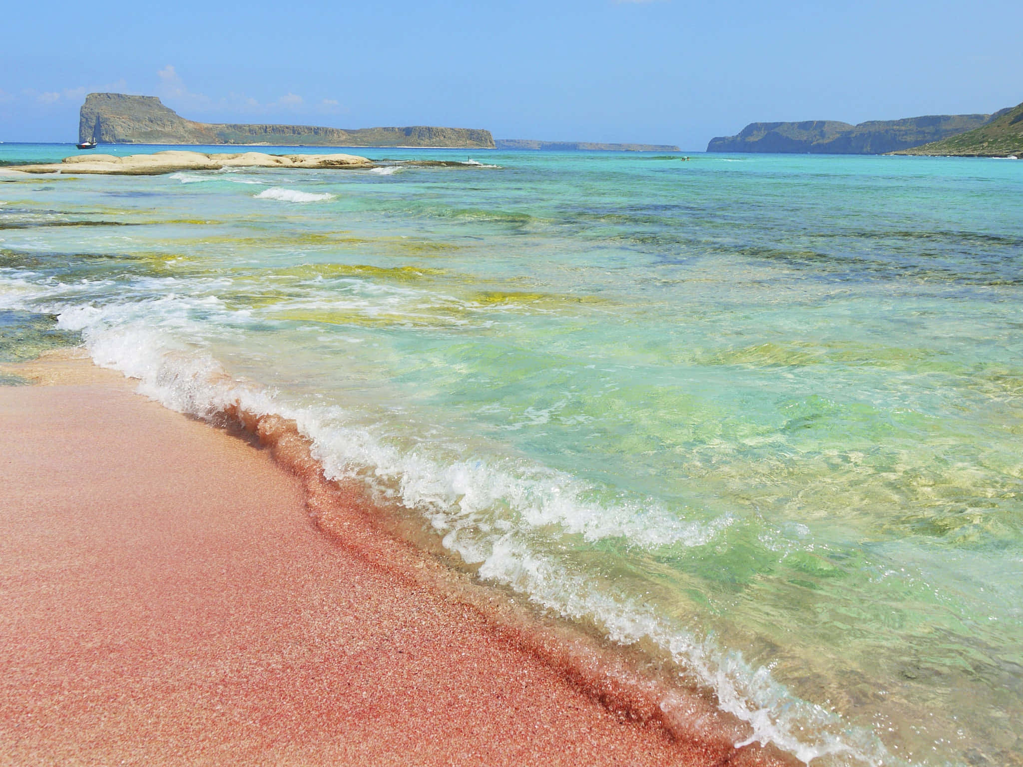 Pink Sand Beach, turquoise water, white foam waves, Full HD Desktop Wallpaper